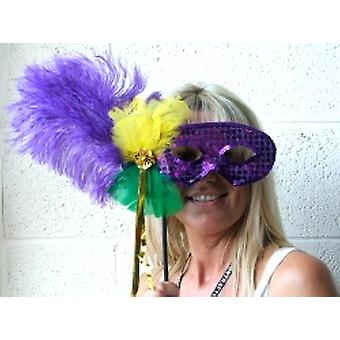 Gefiederten Maske lila Pailletten auf Stick mit Gold Streamer (1)