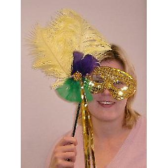 Gefiederte Maske Gold Pailletten auf Stick mit Gold Streamer (1)